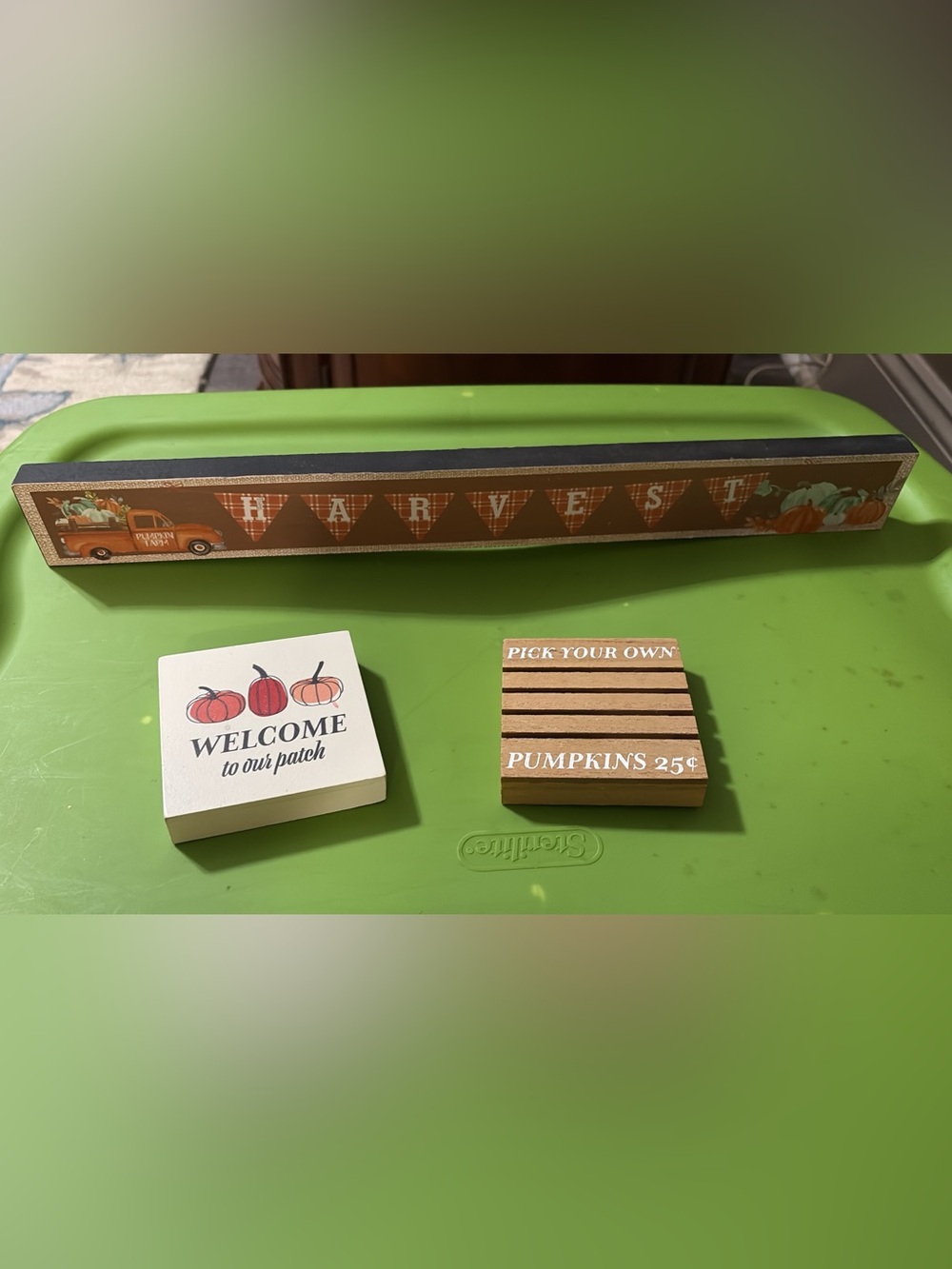 Autumn Harvest Wooden Pumpkin Crate Sign - Green & Brown